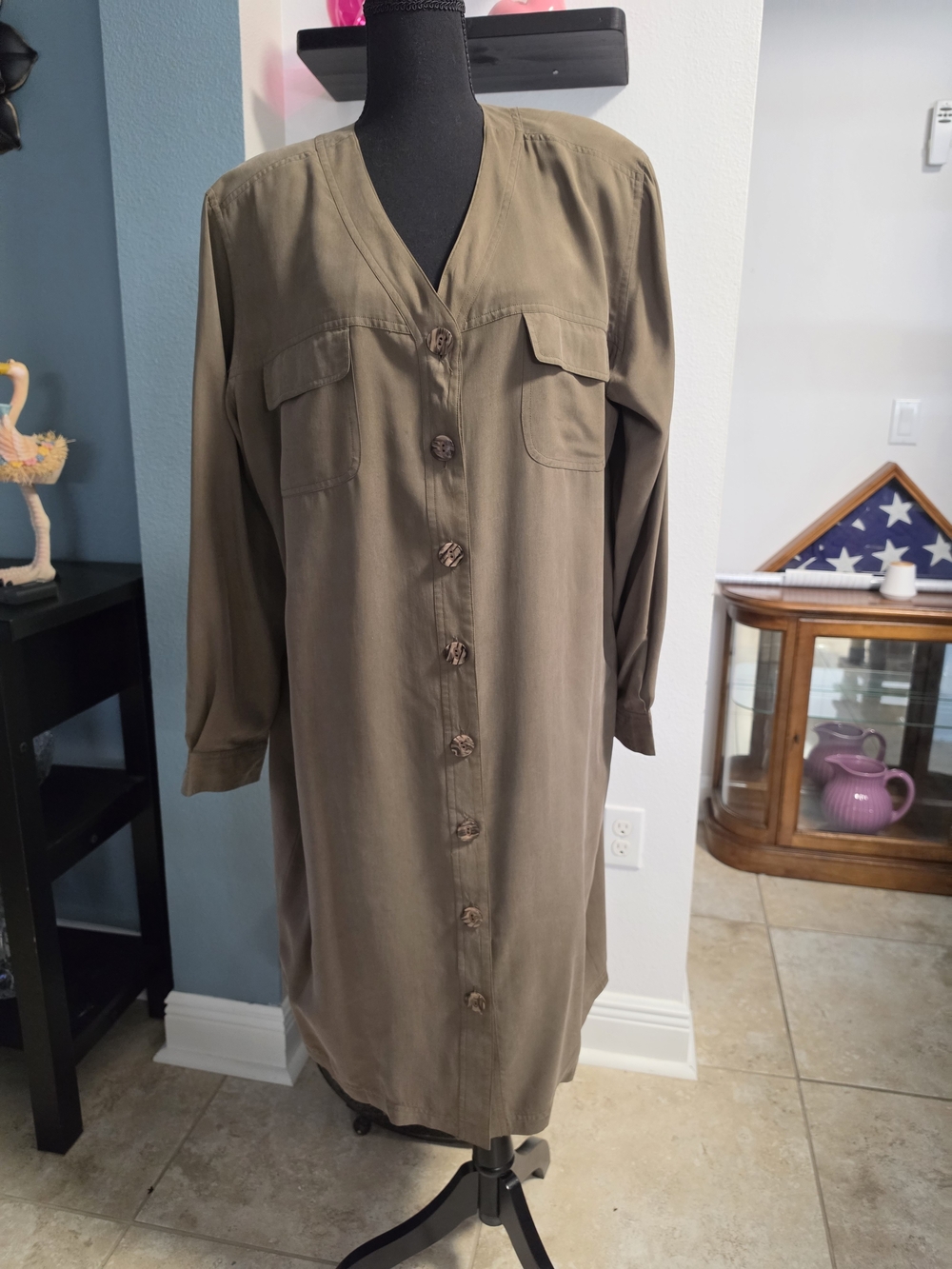 Button-Front Shirt Dress in Olive Green